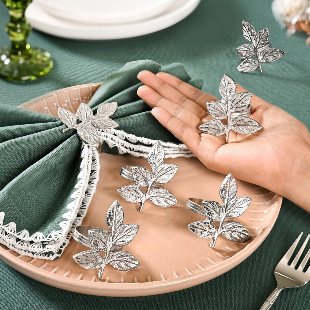 Leaf Pure Brass Napkin Ring Set Of 6 Silver Nestasia