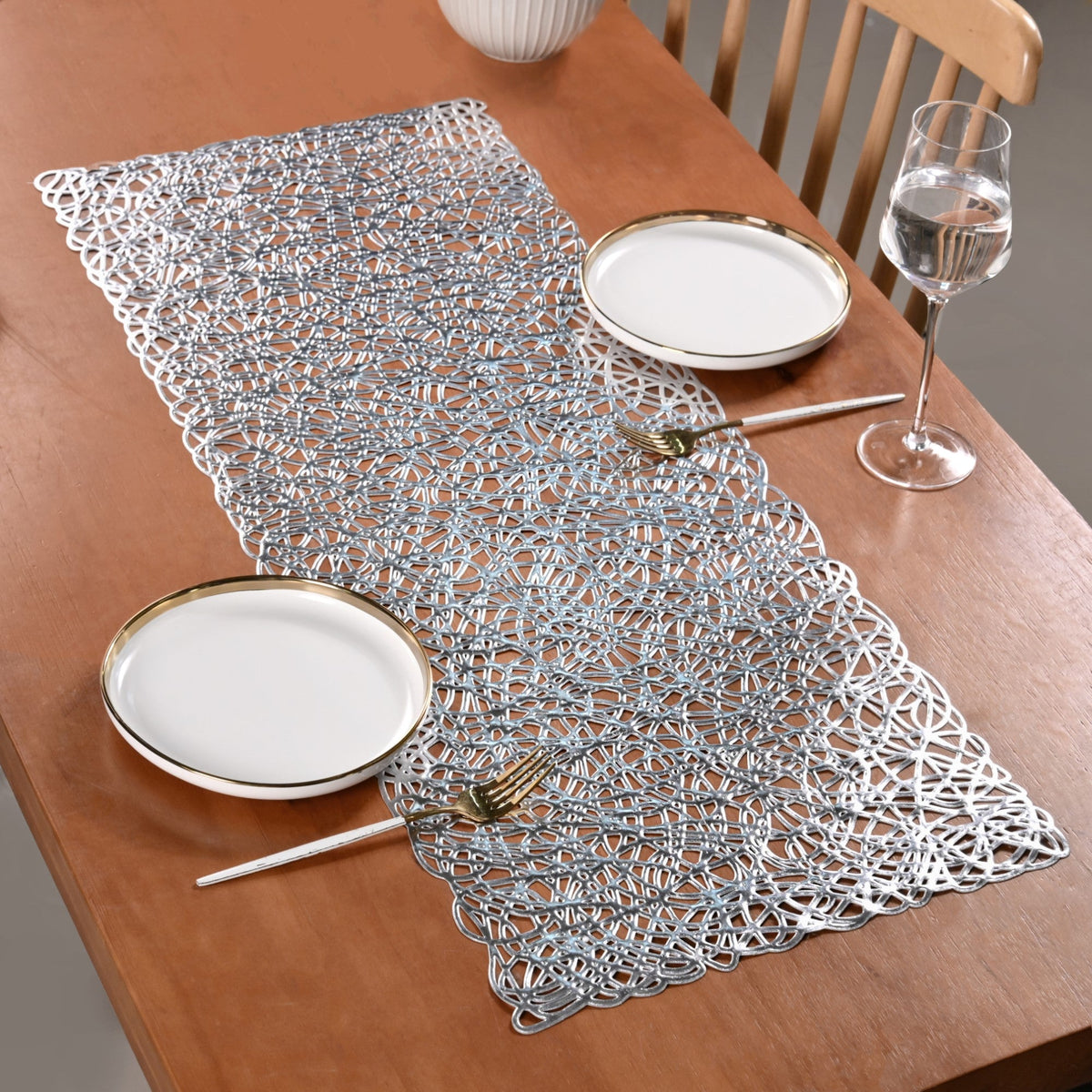 Modern Laser Cut Style Silver Table Runner Silver 92x35cm Nestasia