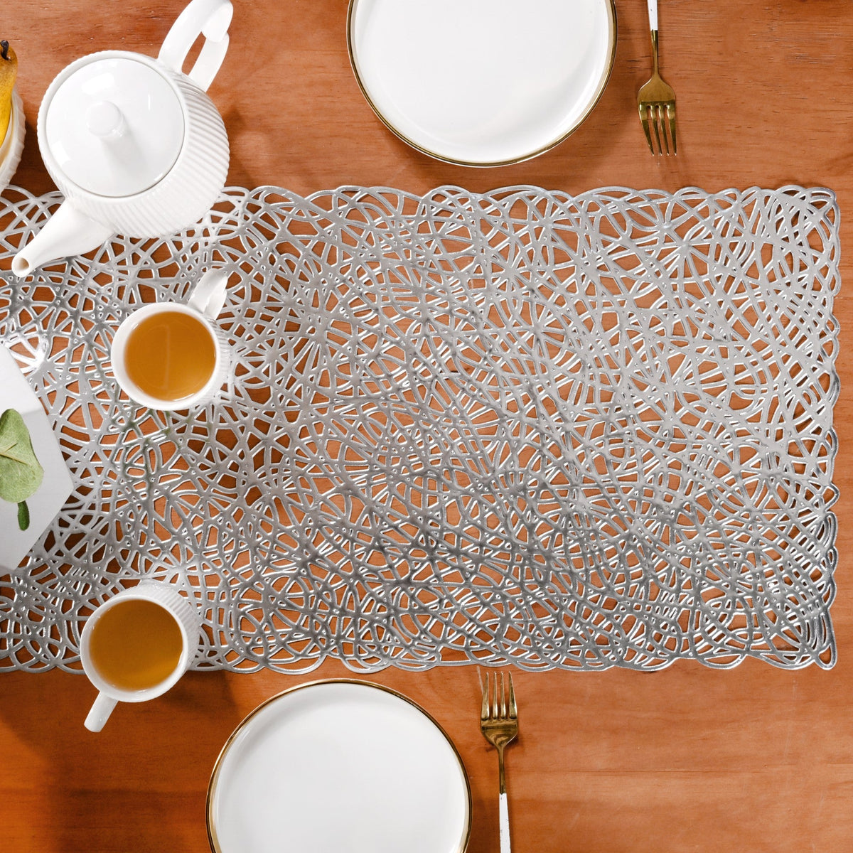Modern Laser Cut Style Silver Table Runner Silver 92x35cm Nestasia