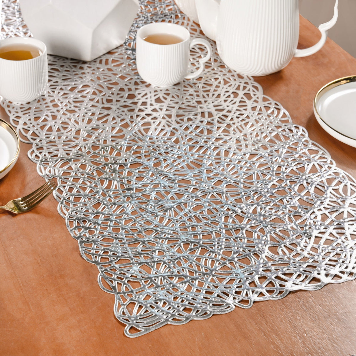 Modern Laser Cut Style Silver Table Runner Silver 92x35cm Nestasia