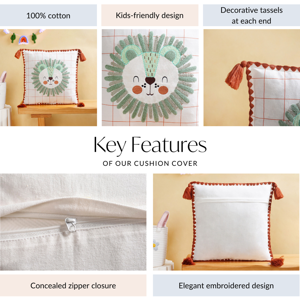 Lion Embroidered Cotton Kids Cushion Cover 42x42cm Nestasia