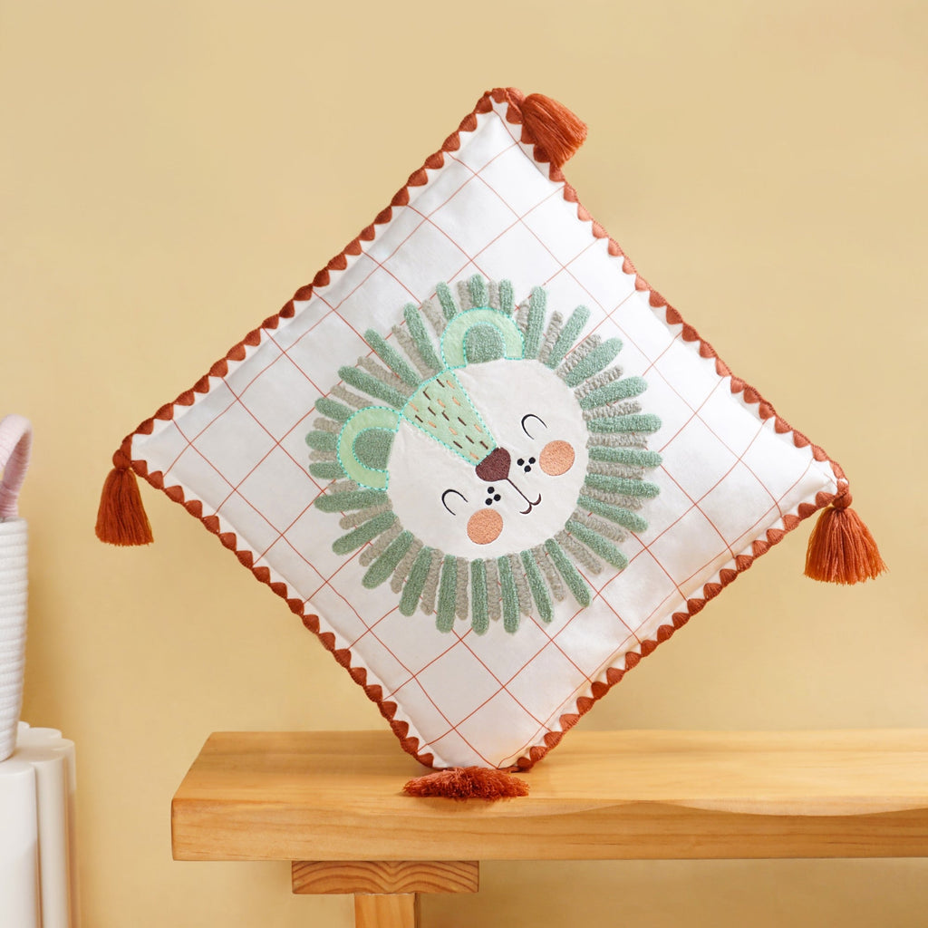 Lion Embroidered Cotton Kids Cushion Cover 42x42cm Nestasia