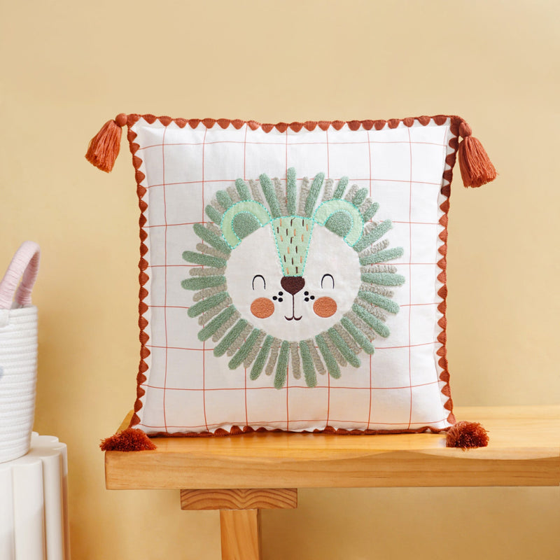 Lion Embroidered Cotton Kids Cushion Cover 42x42cm Nestasia