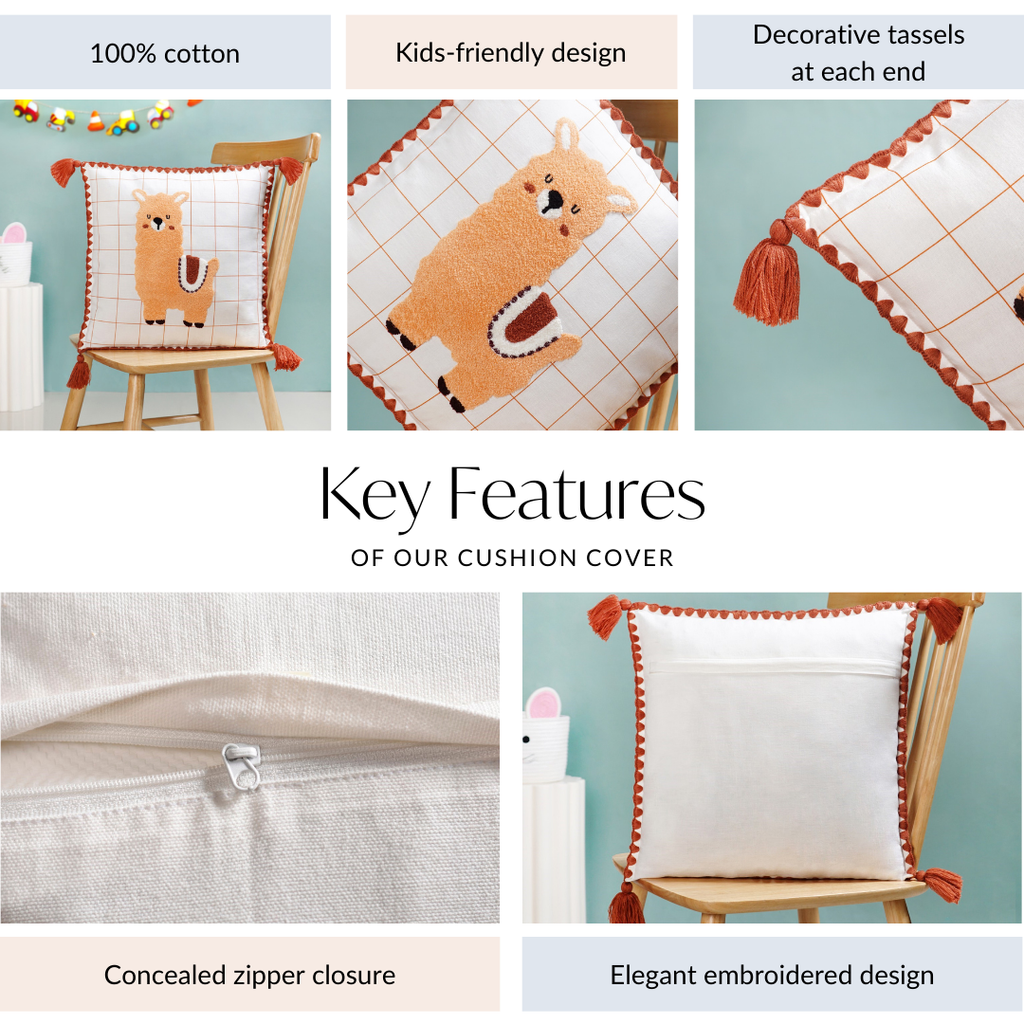 Llama Embroidered Cotton Cushion Cover With Tassels 42x42cm Nestasia