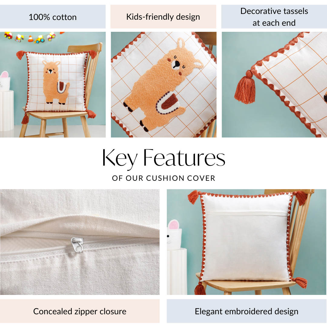 Llama Embroidered Cotton Cushion Cover With Tassels 42x42cm Nestasia