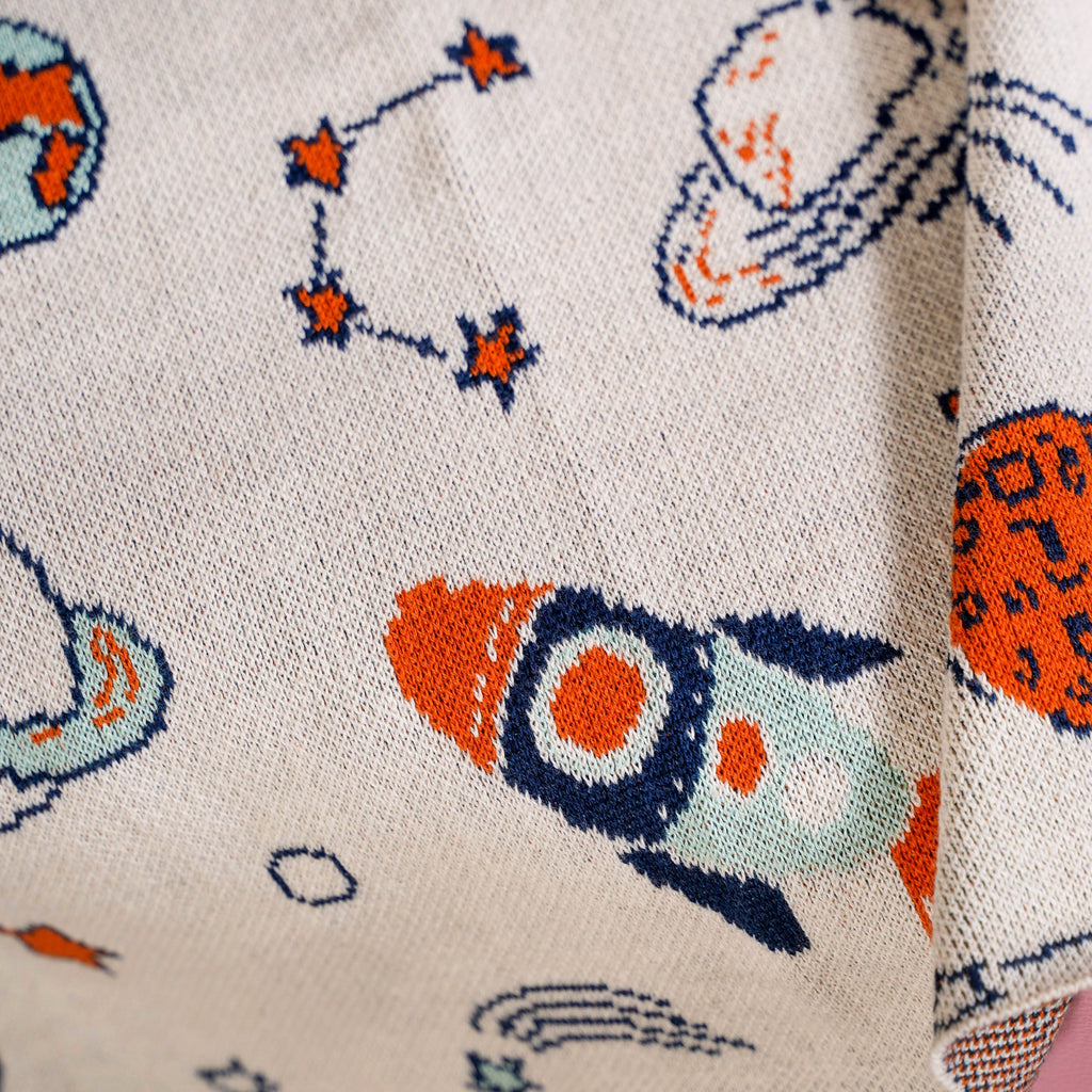 Space Rocket Astronomy Knitted Cotton Throw For Toddlers Small 99x73cm Nestasia