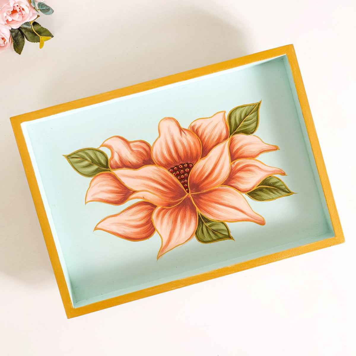 Lotus Royale Hand Painted Rectangular Mango Wood Tray Nestasia