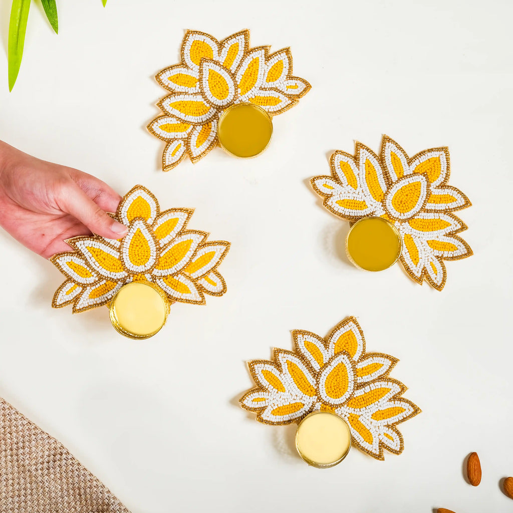 Lotus Tealight Candle Holder Set of 4 White And Yellow Nestasia