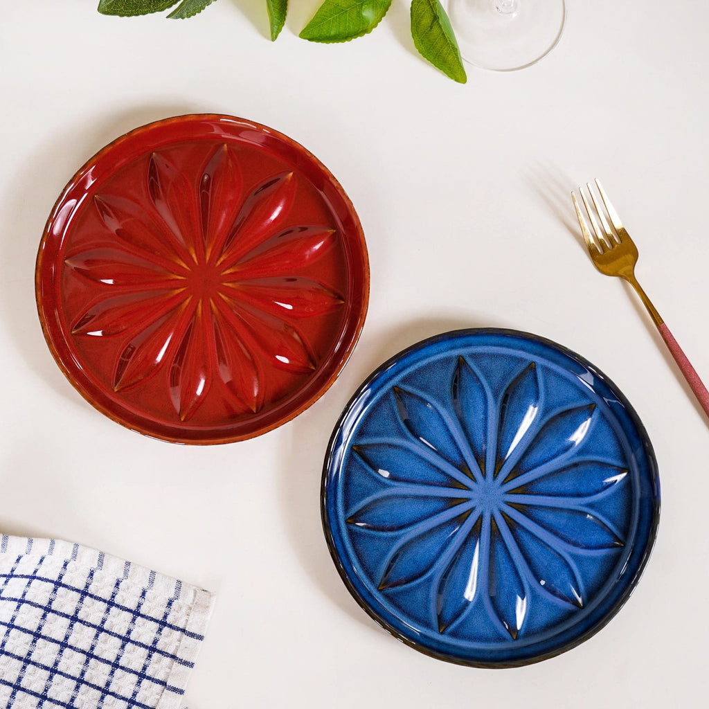 3D Flower Embossed Salad Plate Set Of 2 Red Blue 19cm Nestasia