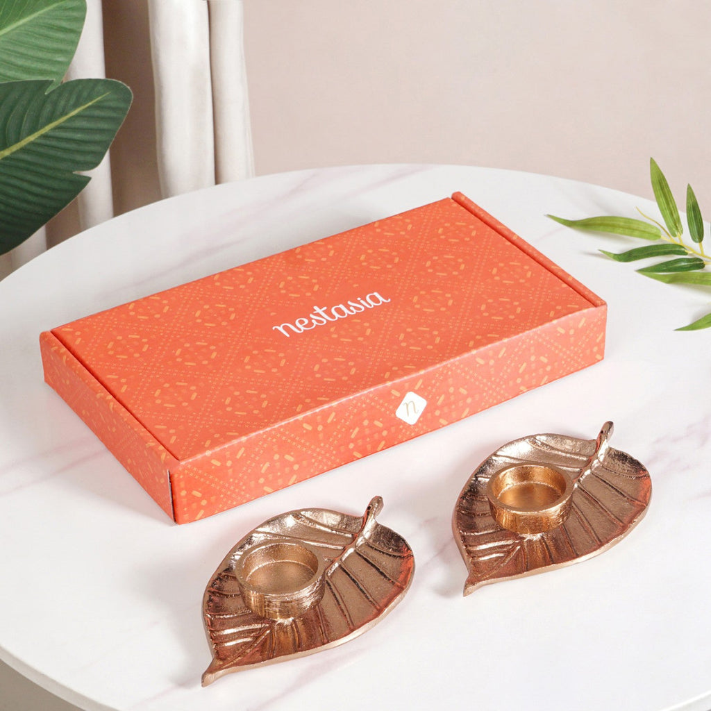 Luxe Metal Leaf Tealight And Incense Holder Set Of 2 In Festive Gift Box Nestasia