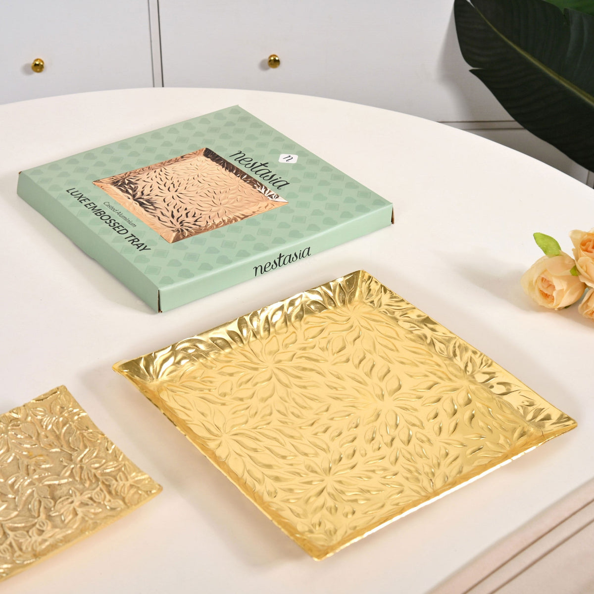 Luxe Lustre Embossed Decorative Square Tray Nestasia