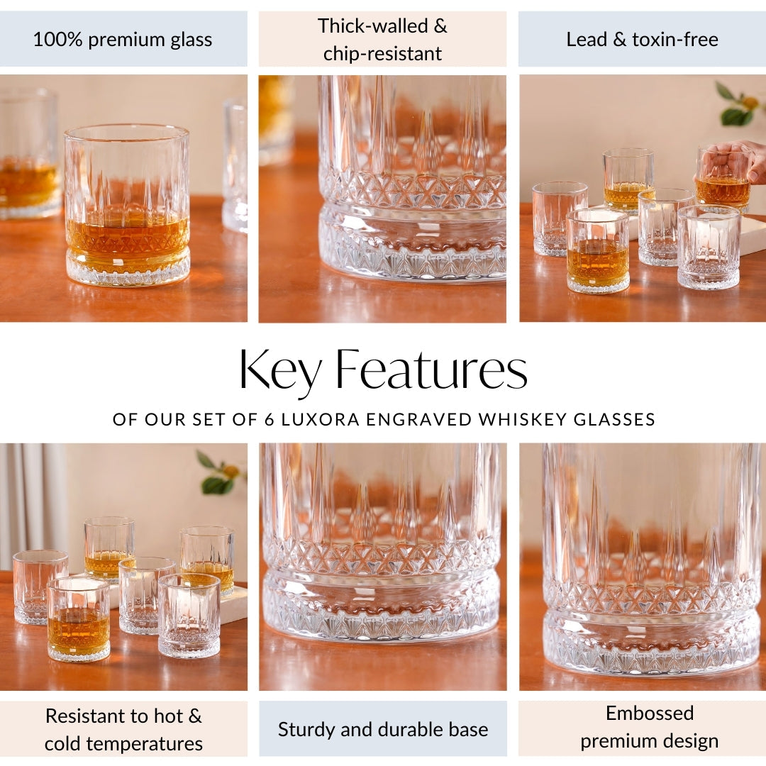 Set Of 6 Luxora Engraved Whiskey Glasses 380ml Nestasia
