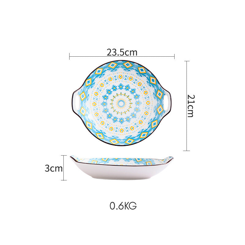 Mandala Blue Ceramic Round Plate With Handle Nestasia