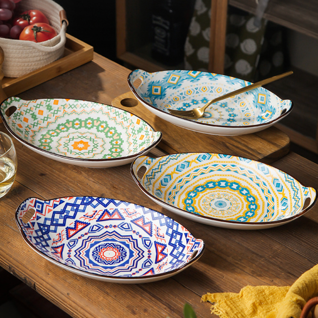 Mandala Yellow Diamond Ceramic Baking Plate With Handle Nestasia