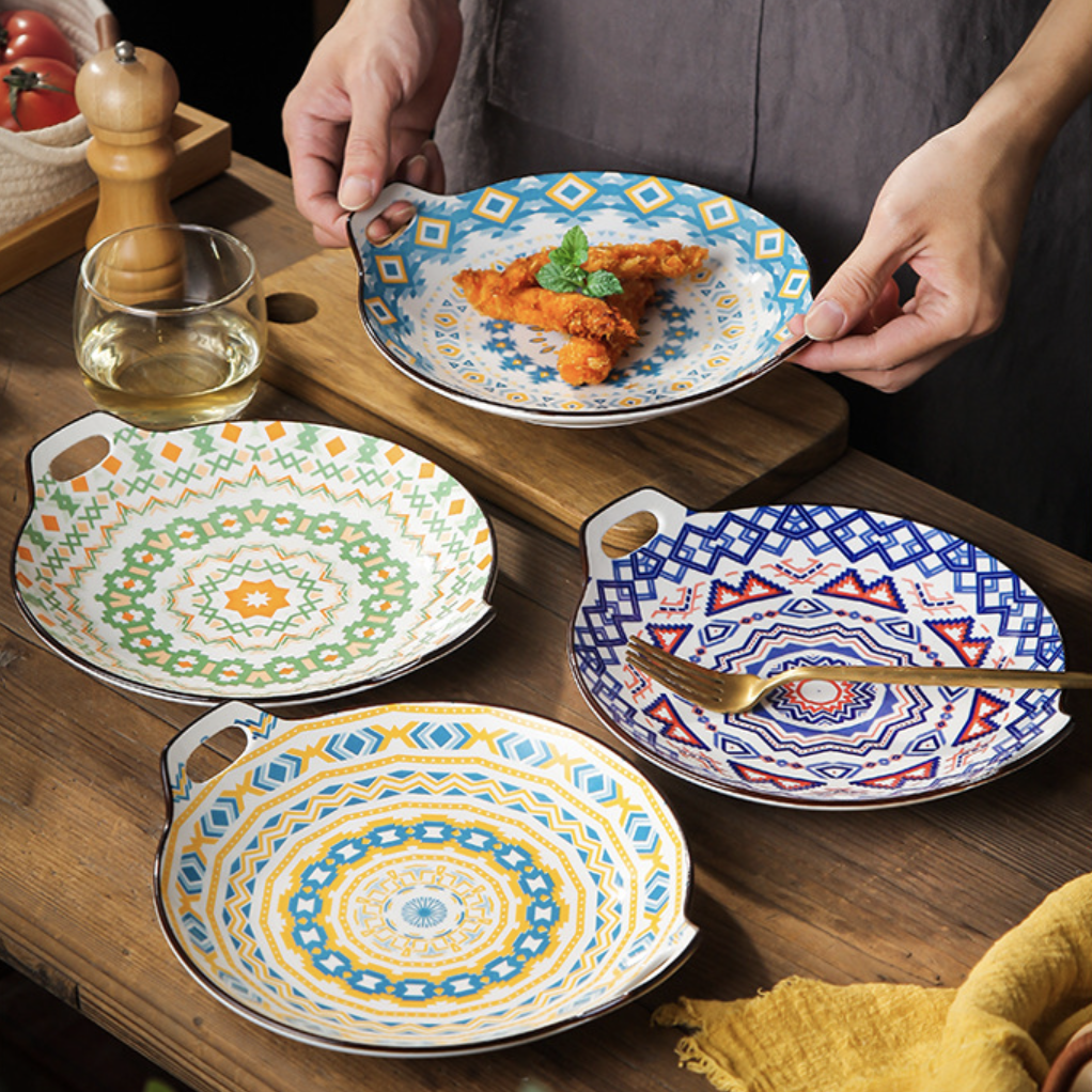 Mandala Blue Ceramic Round Plate With Handle Nestasia