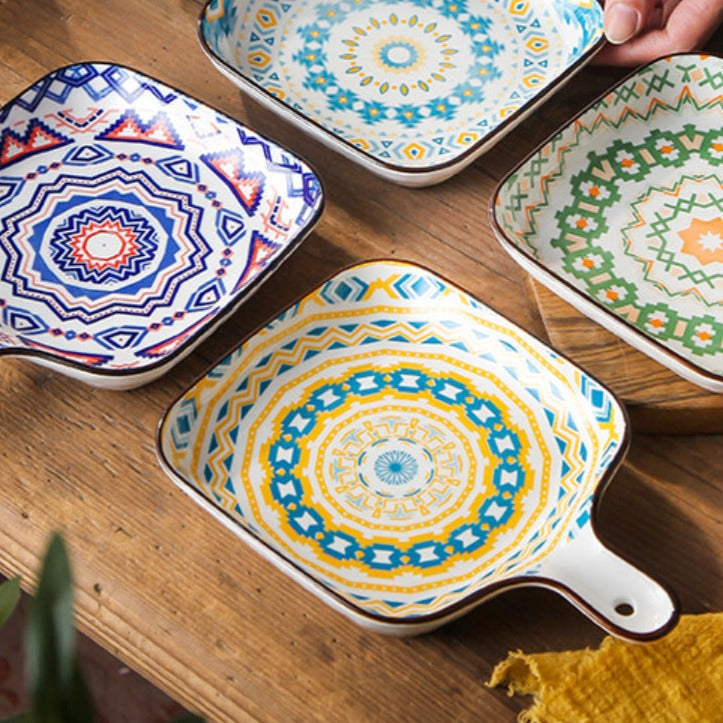 Mandala Yellow Spiral Square Ceramic Plate With Handle Nestasia