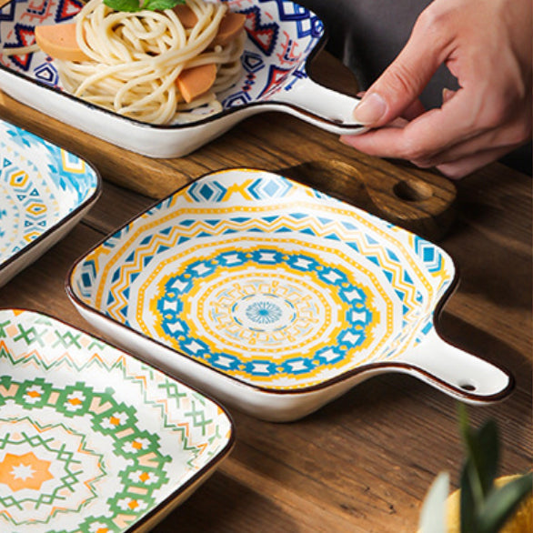 Mandala Yellow Spiral Square Ceramic Plate With Handle Nestasia