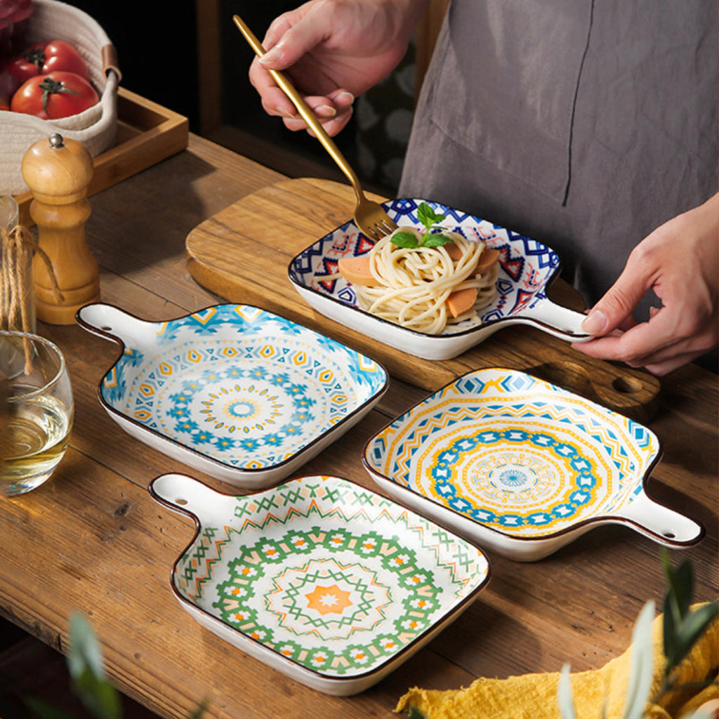 Mandala Yellow Spiral Square Ceramic Plate With Handle Nestasia