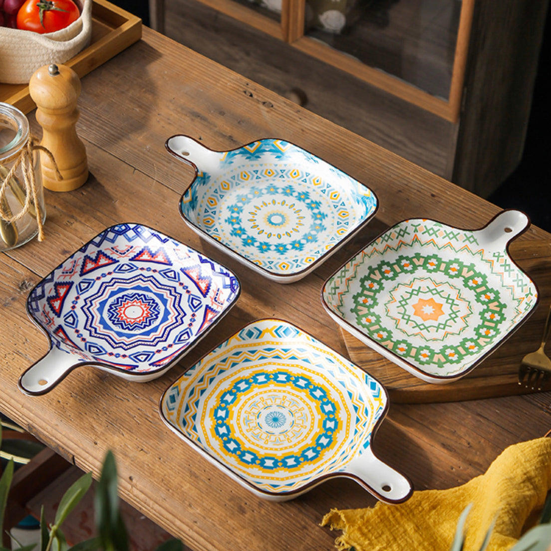 Mandala Yellow Spiral Square Ceramic Plate With Handle Nestasia
