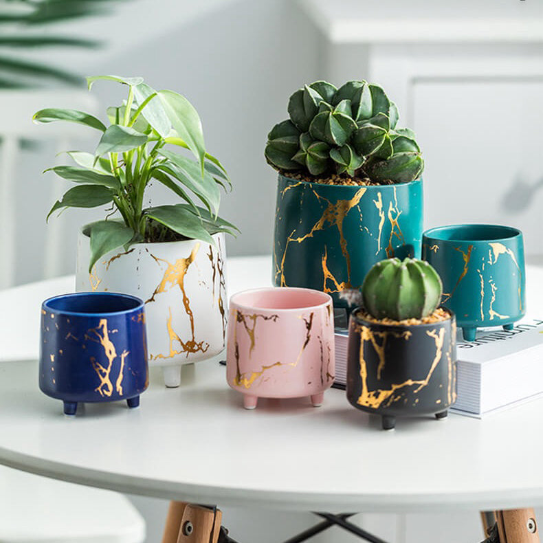 Halcyon Gold Pink Marble Ceramic Planter With Legs Small Nestasia