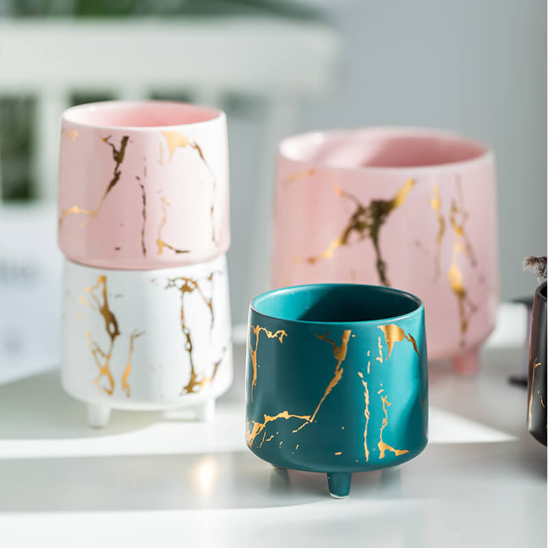 Halcyon Gold Pink Marble Ceramic Planter With Legs Large Nestasia