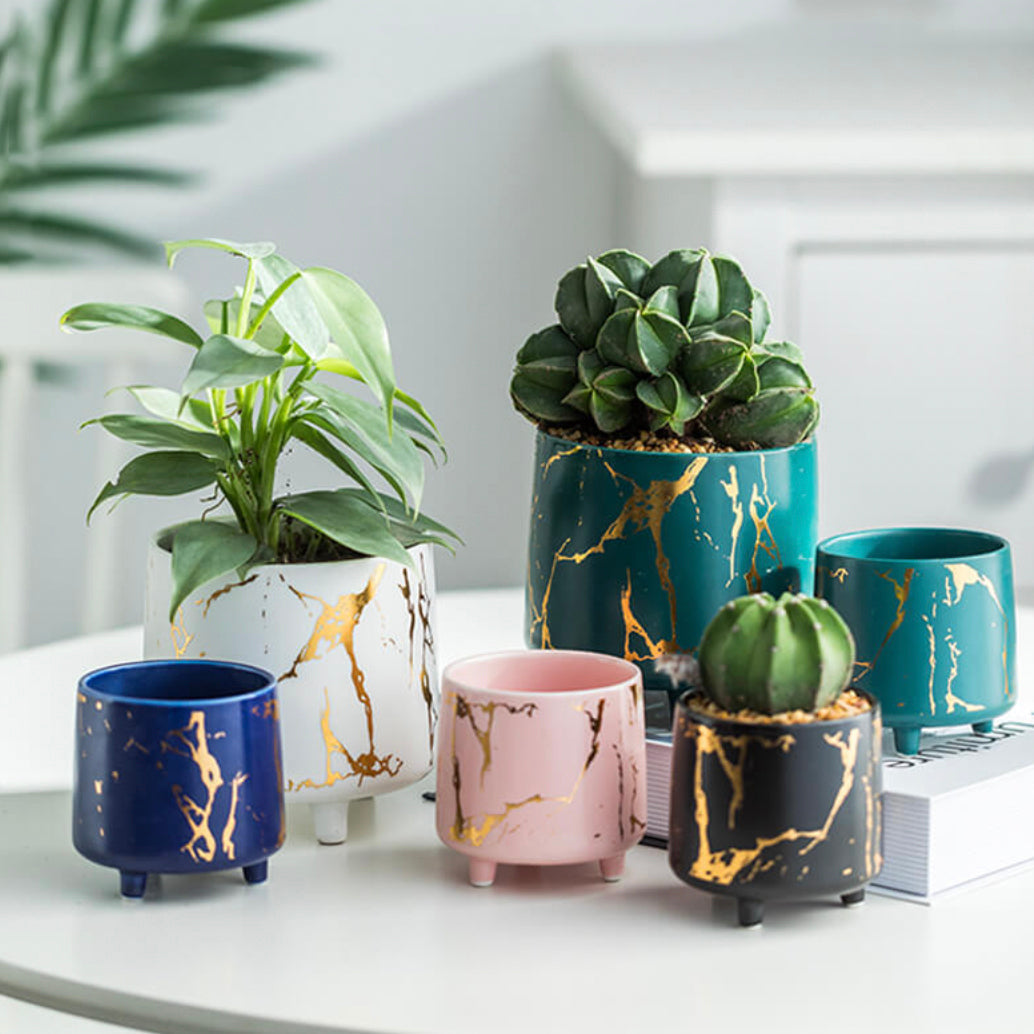 Halcyon Gold Black Marble Ceramic Planter With Legs Small Nestasia