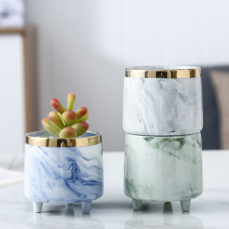 Luxe Ceramic Marble Planter Blue With Legs Nestasia