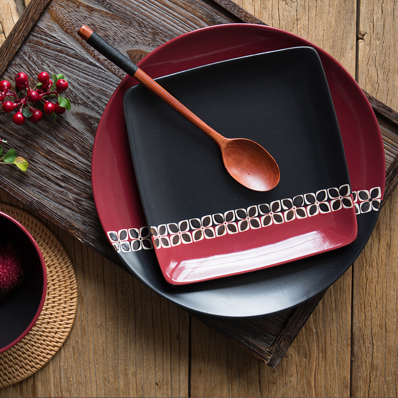 Carmine Red and Black Square Plate 8 Inch Nestasia