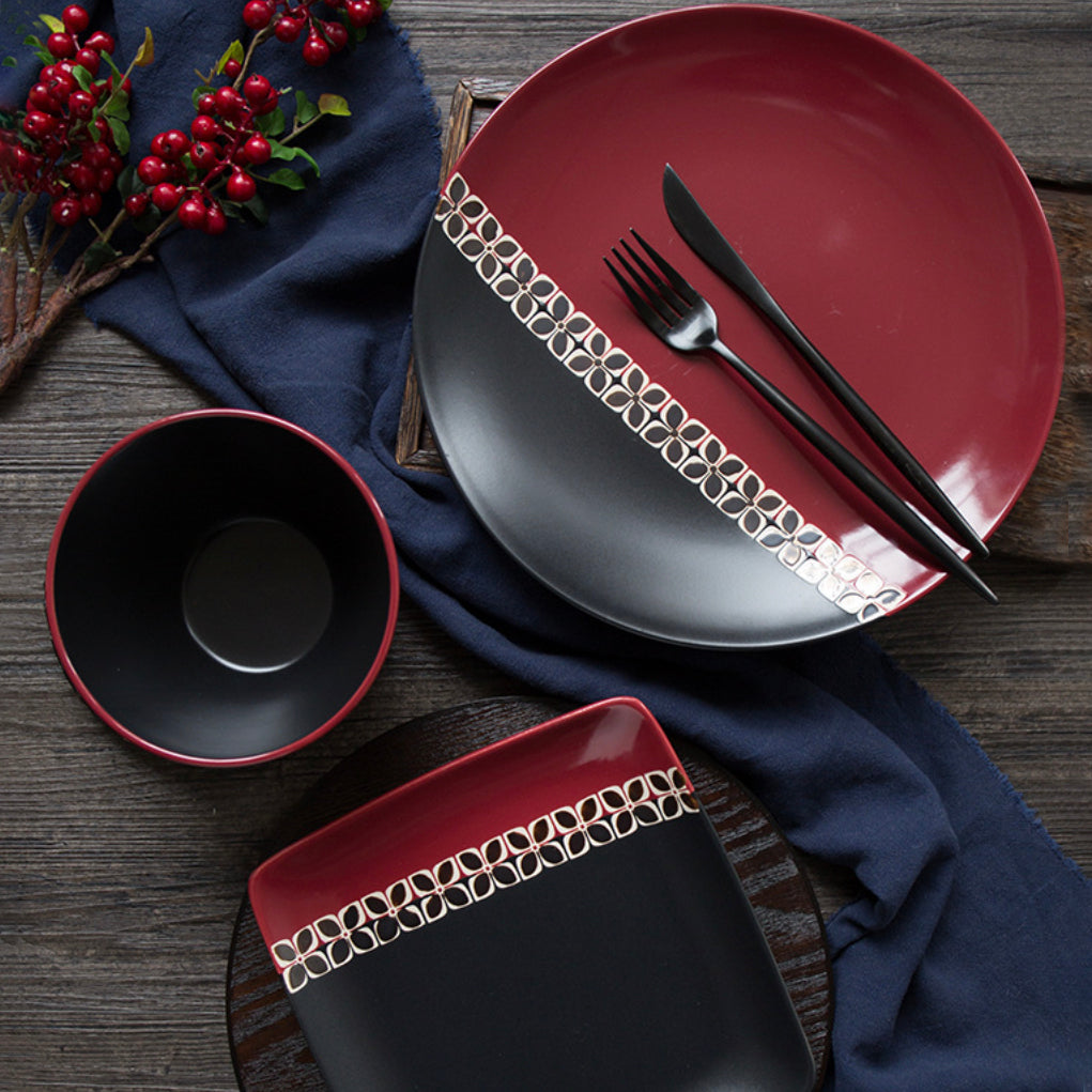 Carmine Red and Black Dinner Plate 11 Inch Nestasia