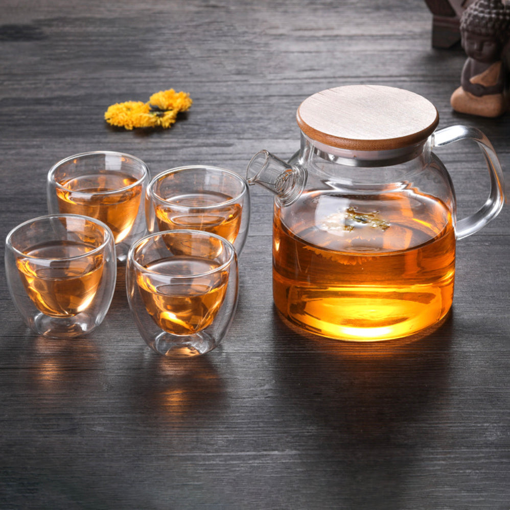 Glass Kettle With Double Wall Tea Cups Nestasia
