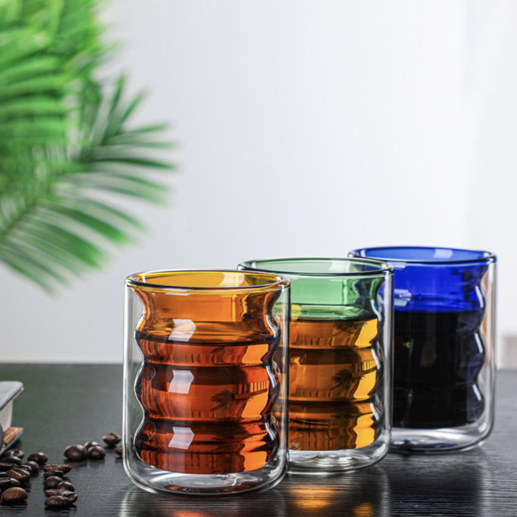Transparent Double Walled Glass Ripple Tumbler Blue Nestasia