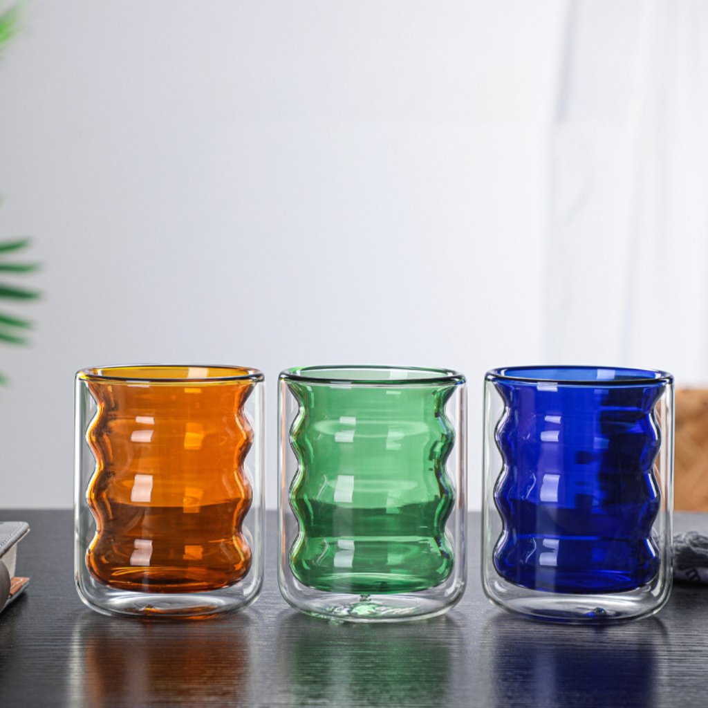 Transparent Double Walled Glass Ripple Tumbler Blue Nestasia