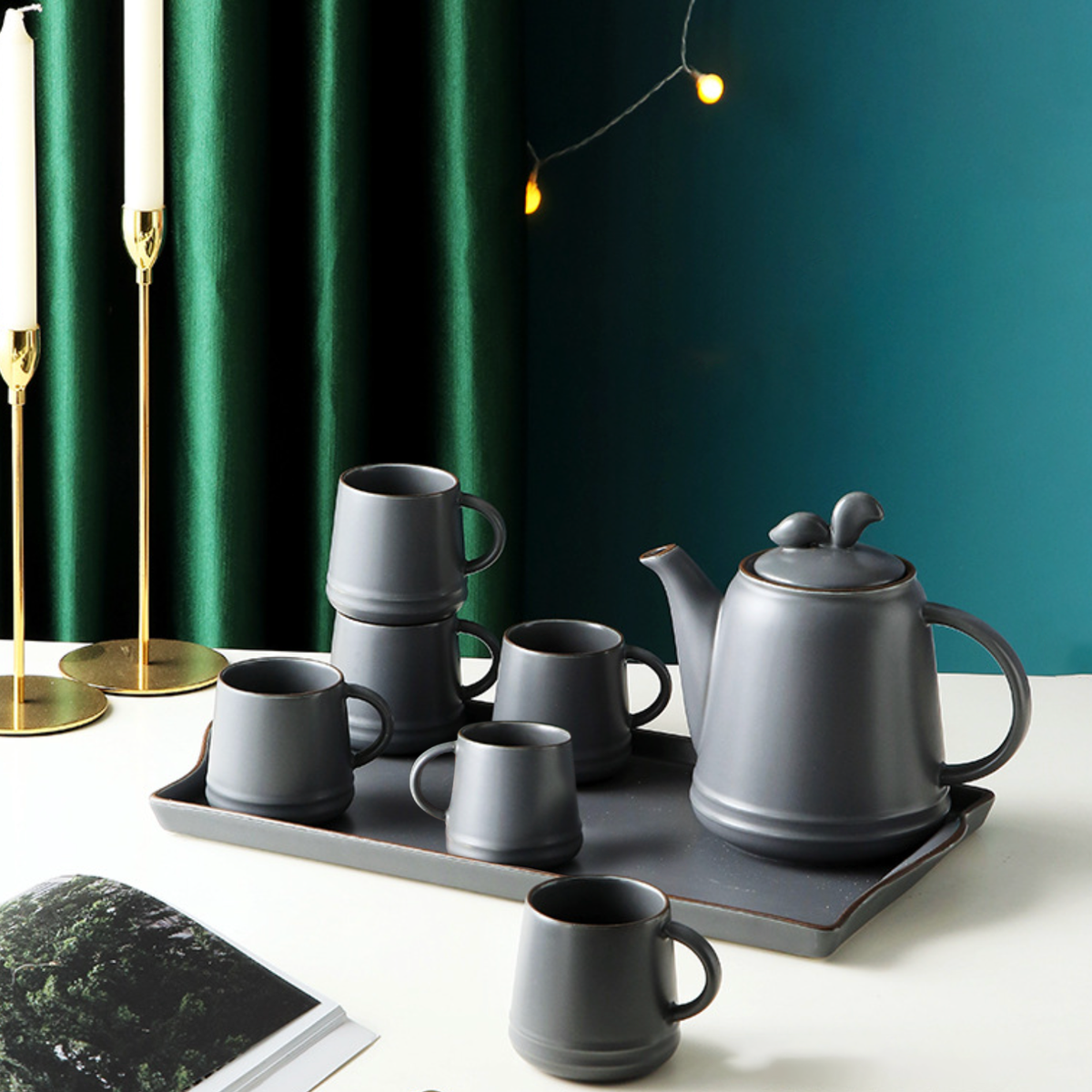 Asphalt Grey Ceramic Teaware Set Of 6 Nestasia