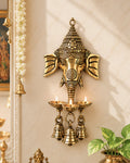 Ganesha Brass Wall Decor with Hanging Diyas and Bells for Mandir and Home