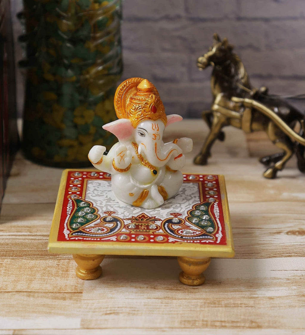 Marble Lord Ganesha Idol With Crown Peacock Design Chowki Kafalo