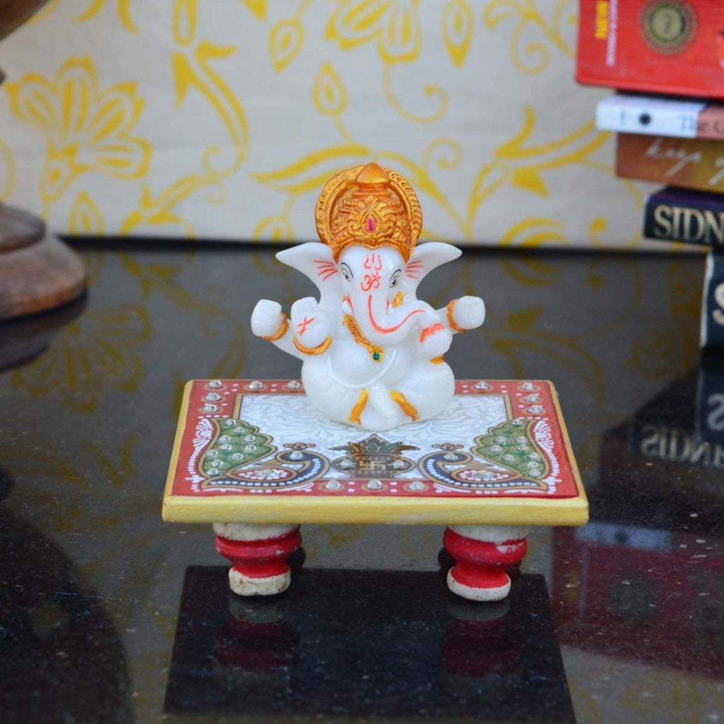 Marble Lord Ganesha Idol With Crown Peacock Design Chowki Kafalo
