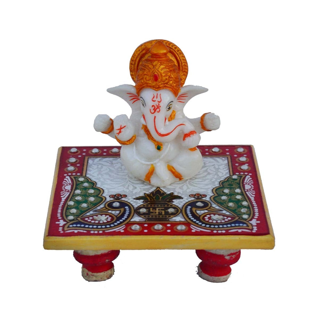 Marble Lord Ganesha Idol With Crown Peacock Design Chowki Kafalo