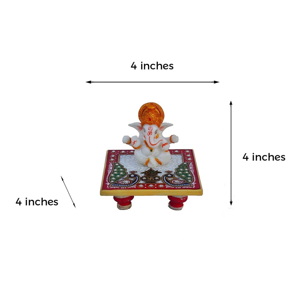 Marble Lord Ganesha Idol With Crown Peacock Design Chowki Kafalo