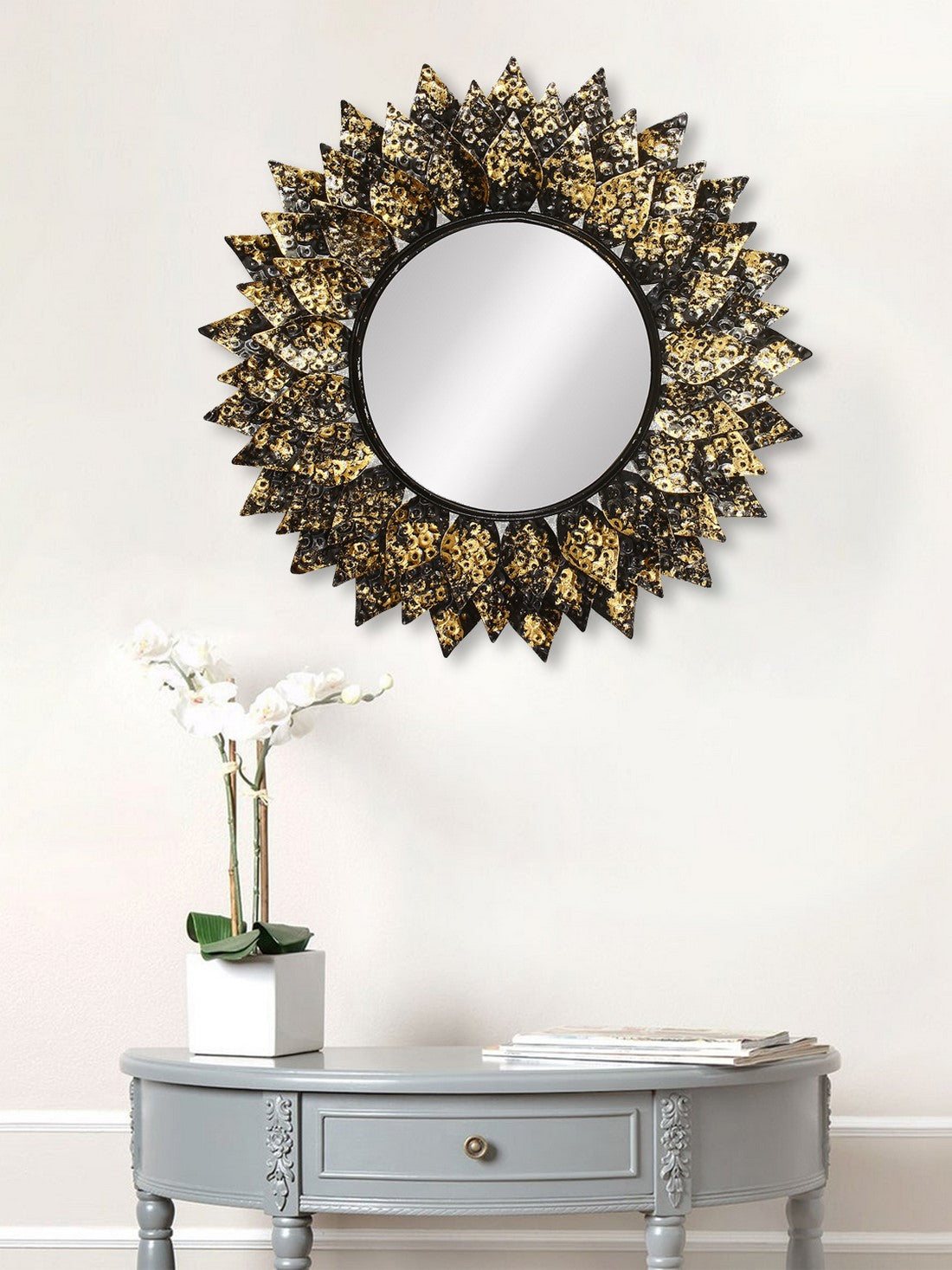 Golden and Black Decorative Metal Handcarved Wall Mirror Kafalo