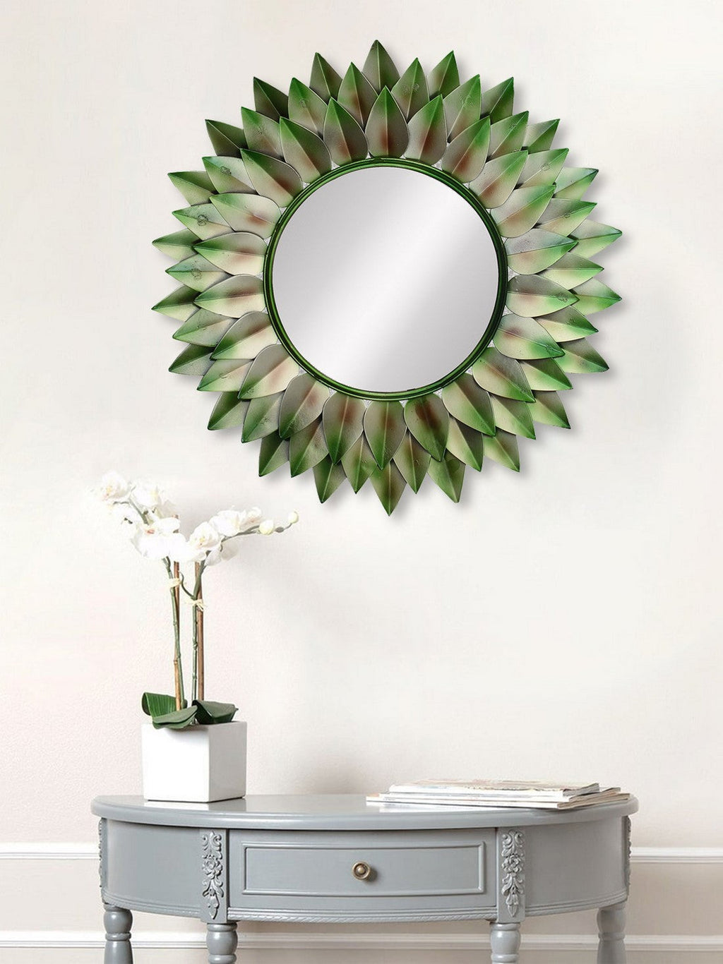 Green, Brown and Black Decorative Metal Handcarved Wall Mirror Kafalo