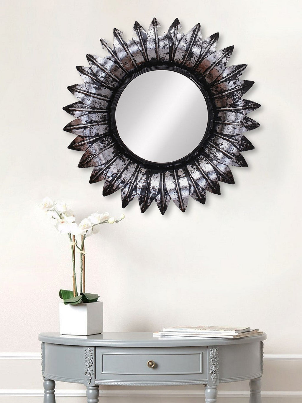 Grey and Black Decorative Metal Handcarved Wall Mirror