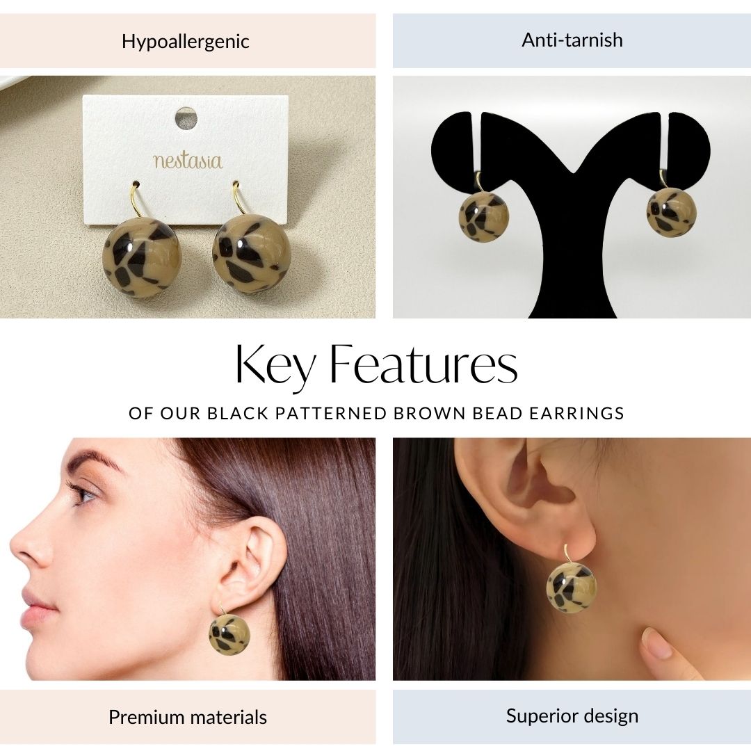 Black Patterned Brown Bead Earrings Nestasia