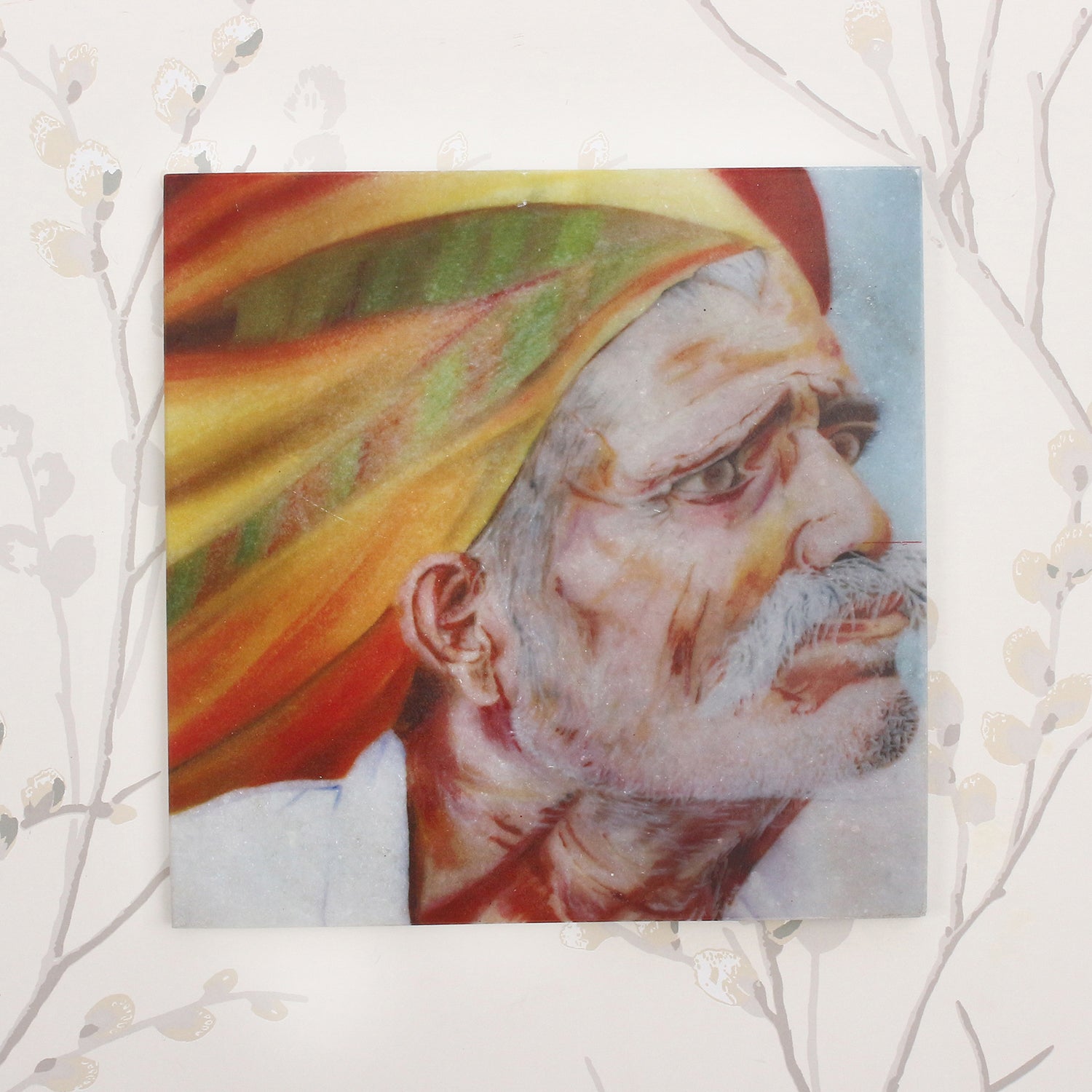Rajasthani Old Man Wearing Turban Painting On Marble Square Tile Kafalo