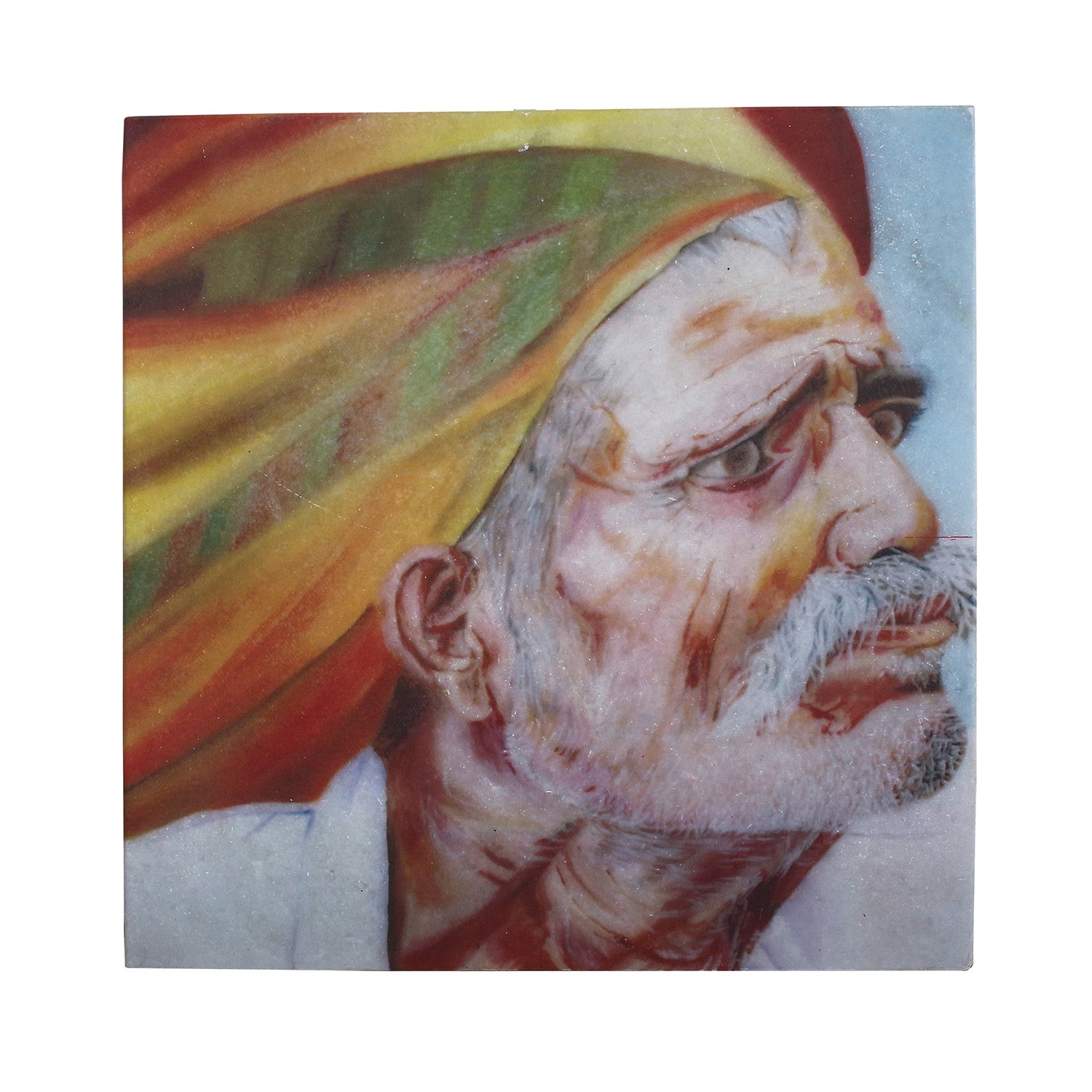 Rajasthani Old Man Wearing Turban Painting On Marble Square Tile Kafalo