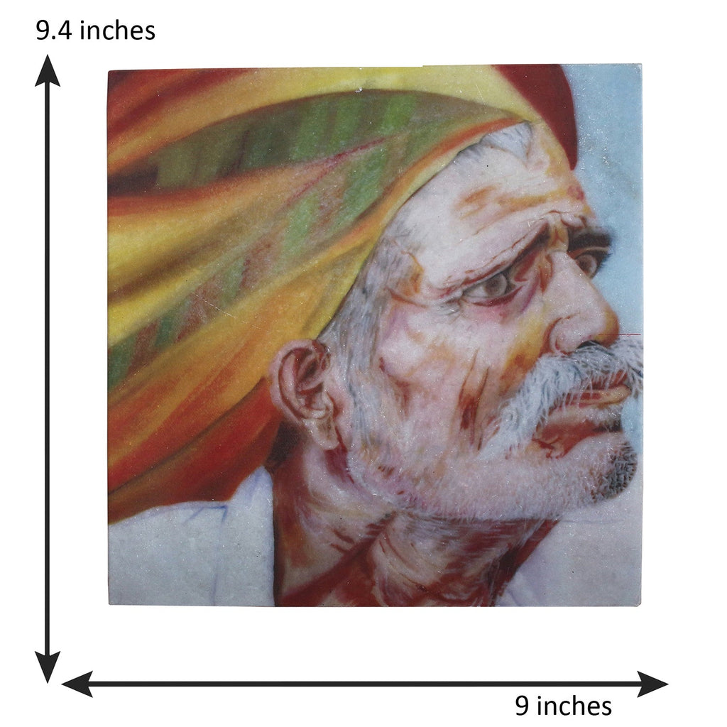 Rajasthani Old Man Wearing Turban Painting On Marble Square Tile Kafalo