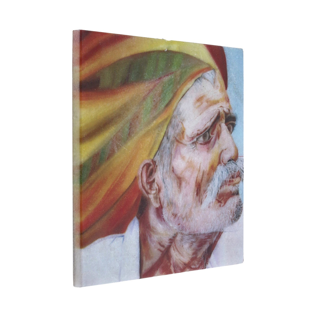 Rajasthani Old Man Wearing Turban Painting On Marble Square Tile Kafalo