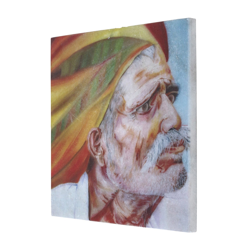 Rajasthani Old Man Wearing Turban Painting On Marble Square Tile Kafalo