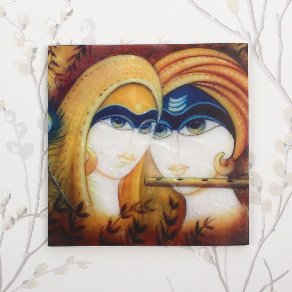 Radha Krishna Painting On Marble Square Tile Kafalo