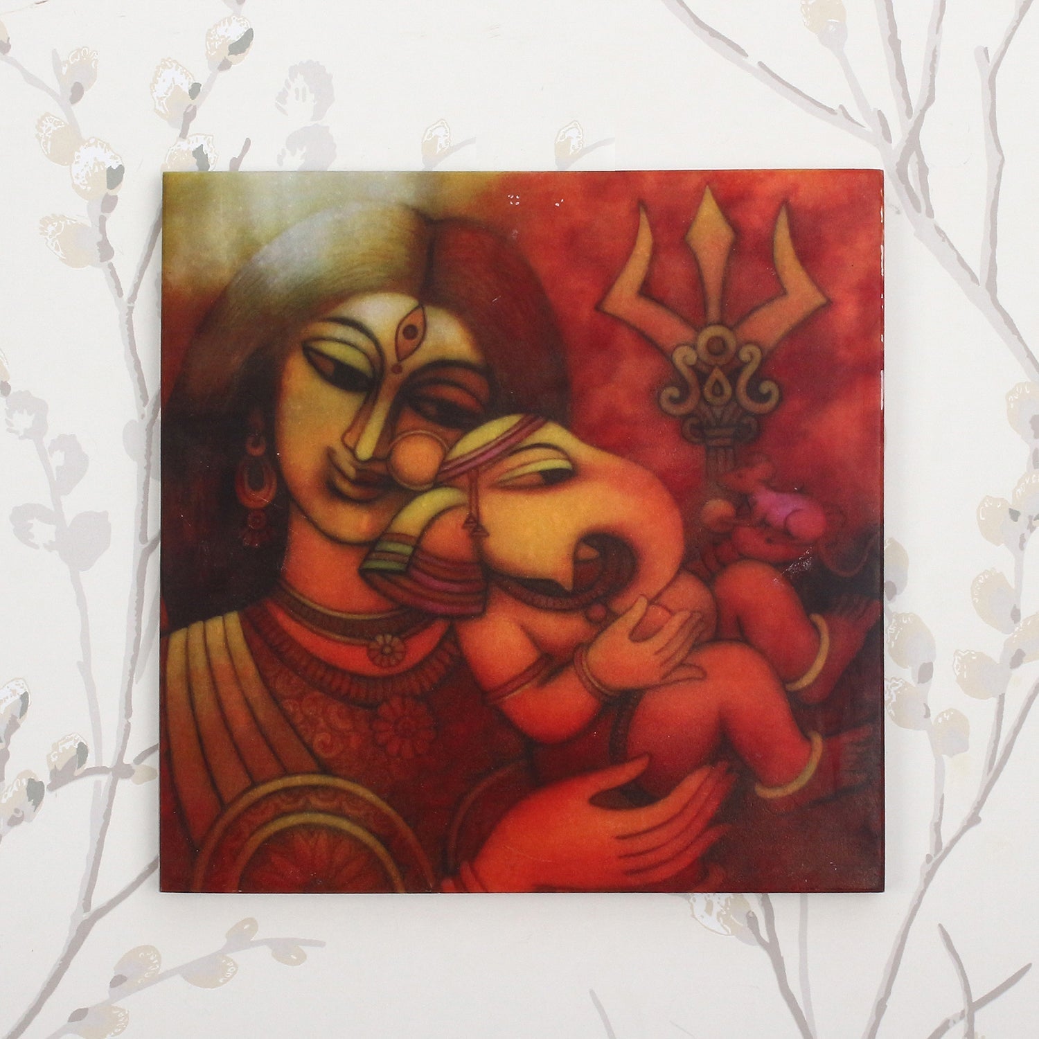Lord Ganesha With Mother Painting On Marble Square Tile Kafalo