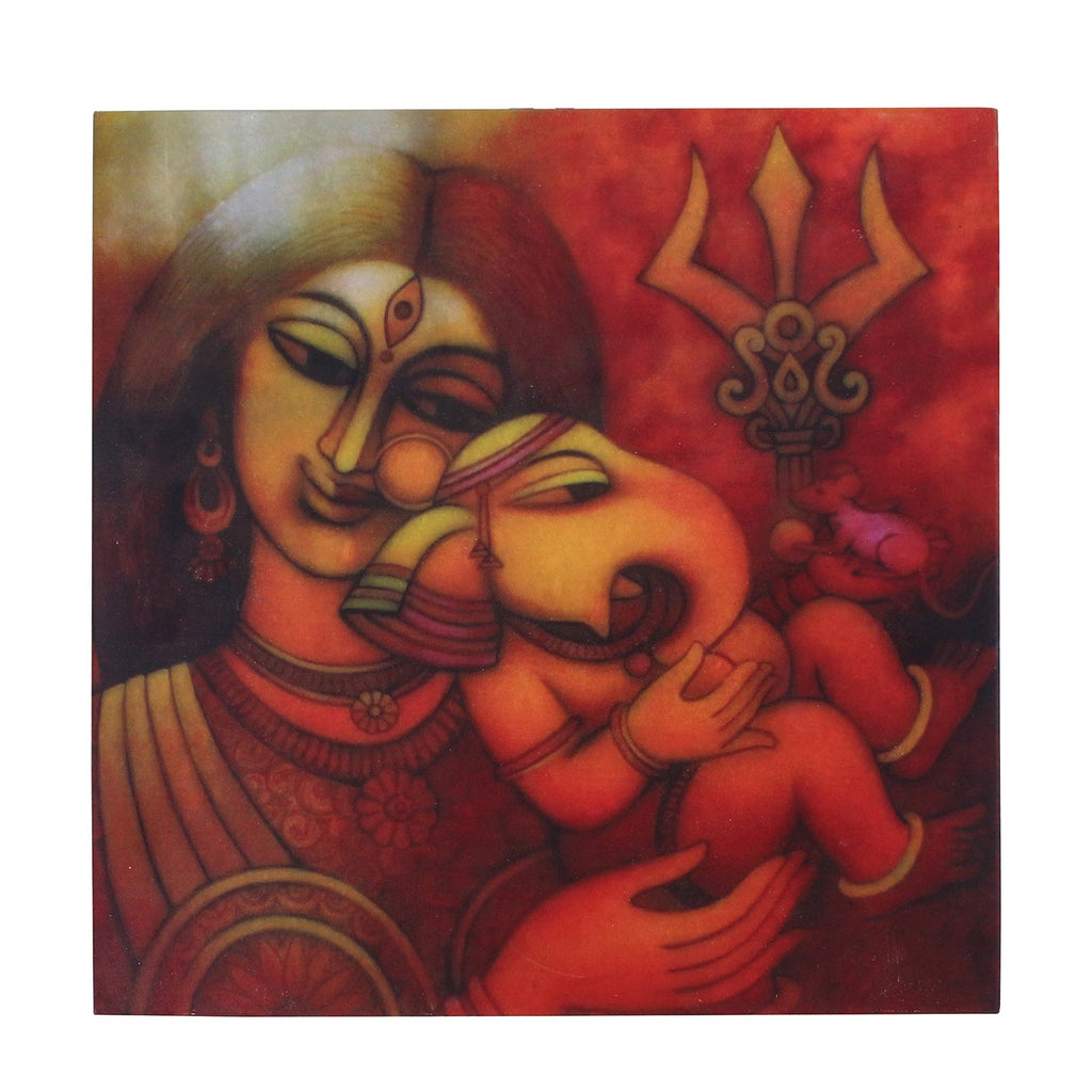 Lord Ganesha With Mother Painting On Marble Square Tile Kafalo